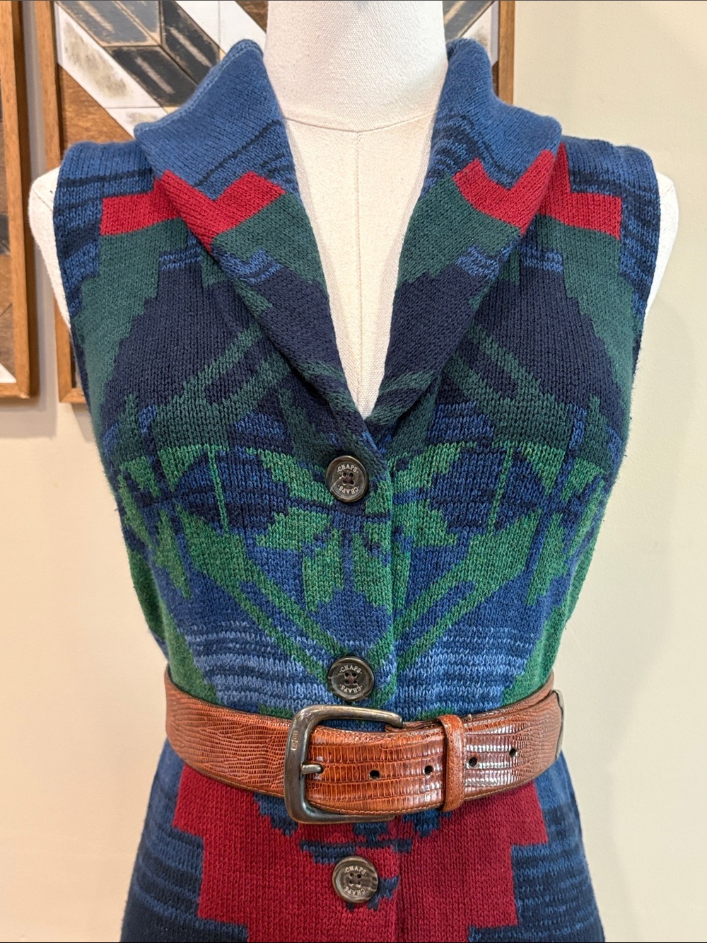 Vintage Chaps Ralph Lauren Southwestern Aztec Tribal Cardigan Sweater Vest Small - Picture 2 of 14
